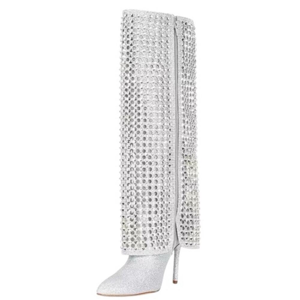 Gianni Bini Lowry Rhinestone Foldover Tall Boots Silver Glitter Zipper Size 7 - Picture 4 of 12
